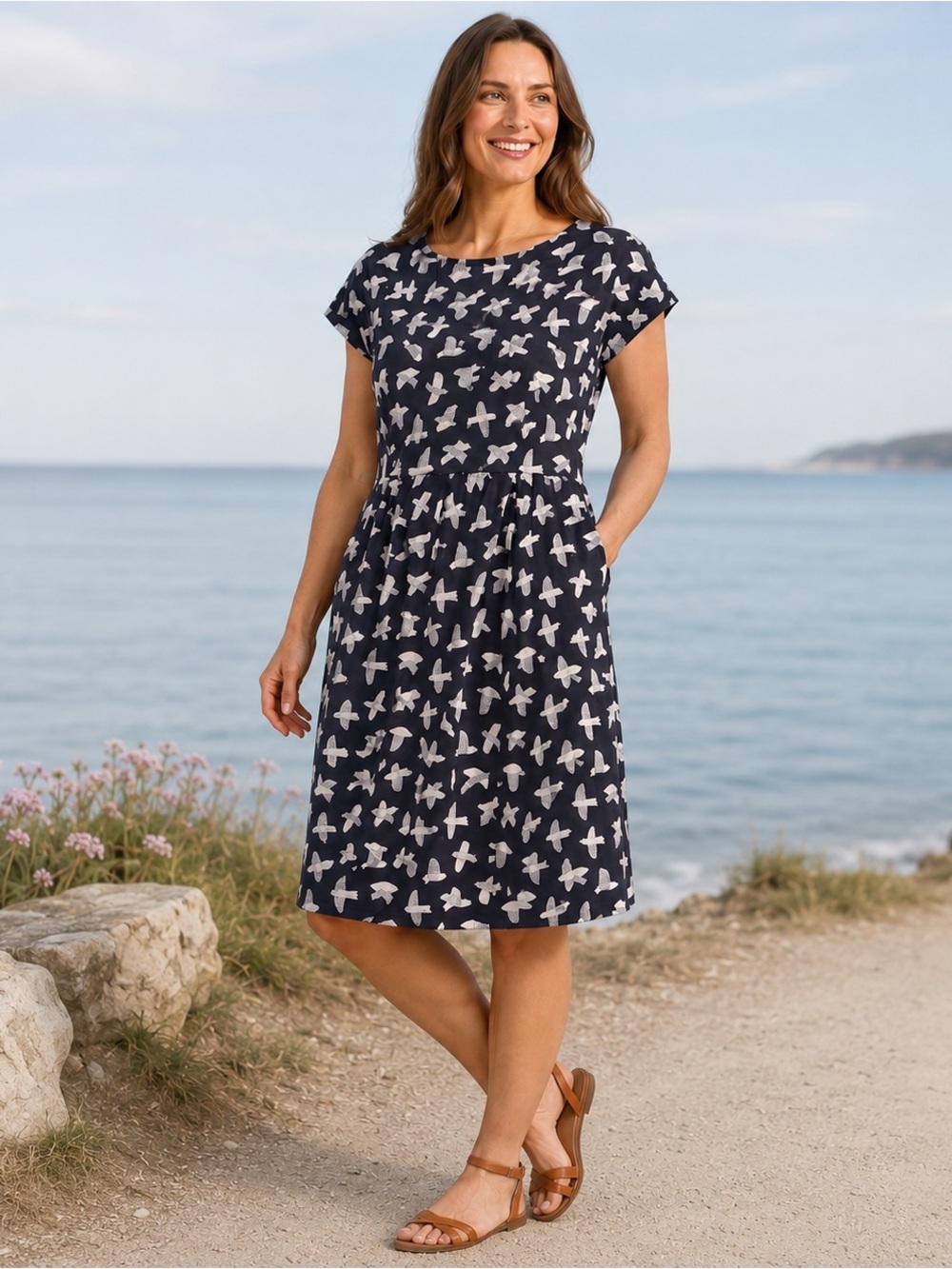 Boden Navy Blue Bird Print Cotton Jersey Dress Size 14R